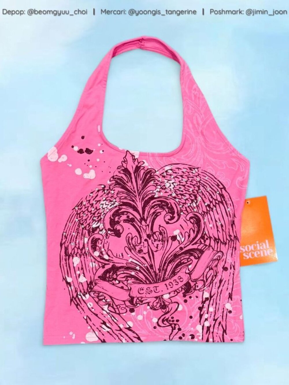 Pink graphic halter top with rhinestone details